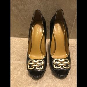 Nine West 4 Inch Peep Toe Leather with Gold Design